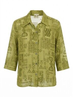 Choices Women’s M Sage Green Geometric Pattern Button-Down Blouse Lightweight